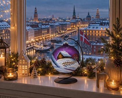 Violet stor julekugle mat med snemand og vinterlandskab. Ø 15 cm