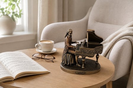 STUE INDRETNING. Unik og realistisk skulptur af Mozart ved klaveret