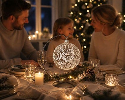 Julepynt, glas julekugler gennemsigtig mat med hvid dekoration. Ø 10cm