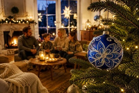 Julepynt til juletræ. Flot blå juletræskugle i glas fra Polen. Ø 10 cm