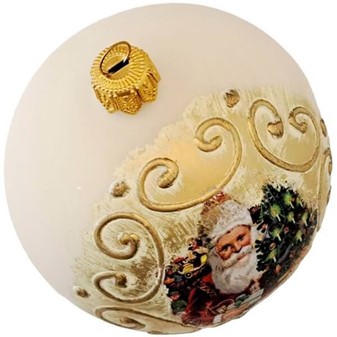 Nostalgisk julepynt: Hvide julekugler med julemand. Ø 8 cm, 6 stk