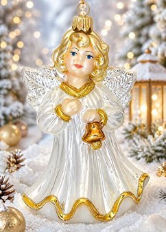 Jule glas figur fra Polen. Sød engel i hvid med klokke. H: 16 cm