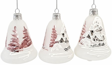 Ting til juletræet. Vinter på hvide juleklokke i mundblæst glas. 8 cm
