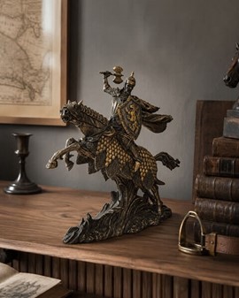 Majestætisk bronzefigur af middelalder ridder på hest. Til stuepynt