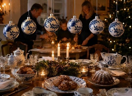 Polske julekugler i porcelænhvid med blå blomstermotiv. Ø 8 cm. 6 stk