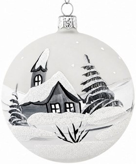 Julekugle glas i gennemsigtig mat hvid med en vinterlandskab. Ø 10 cm