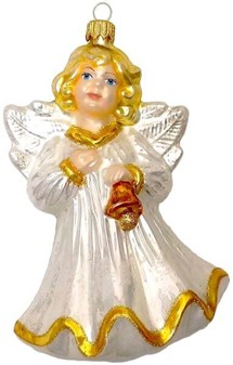 Jule glas figur fra Polen. Sød engel i hvid med klokke. H: 16 cm