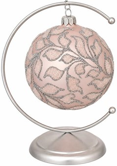 Polske lyserøde glas julekugler med sølv plantemotiver. Ø 10 cm, 6 stk
