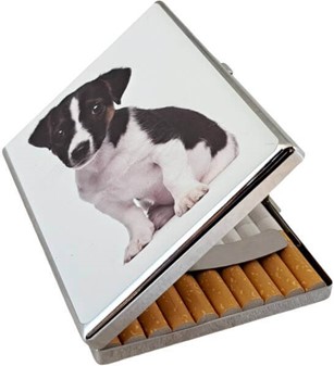 Metal cigaretetui med søde hvalpemotiv – nuttet Jack Russell