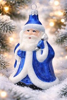 Julepynt online shop. Polsk glas figur af julemand i blå pels. H 11 cm