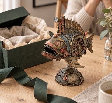 Unik Steampunk Dybhavsfisk med Mystisk Lys. Dekorationsfigur i bronze