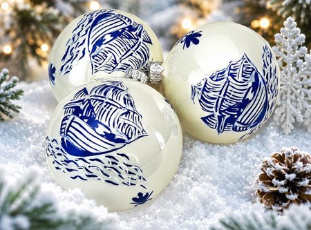 Jule glaskugle i hvid emalje porcelænsfarve med blå båd på kuglen. 8cm