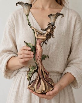 GOD BRYLLUPSGAVE. Art Nouveau lysestage - figur, en kvinde med lilje