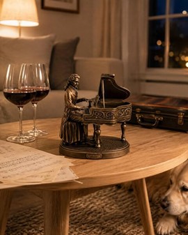 STUE INDRETNING. Unik og realistisk skulptur af Mozart ved klaveret