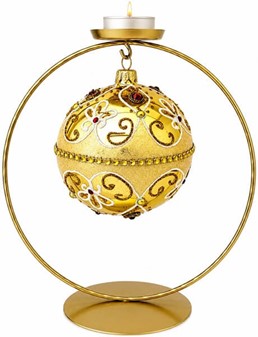 Exclusiv, rigt dekoreret guld julekugle med røde krystaller, Ø 10 cm