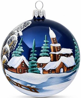 Skinnende, glitrende og smukke blå julekugler med vinterlandskab. 10cm