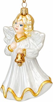 Jule glas figur fra Polen. Sød engel i hvid med klokke. H: 16 cm