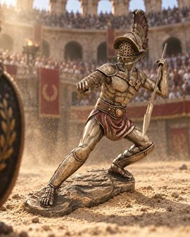 GLADIATOR FIGUR. en slave i kamp med spyd i arenaen det gamle Rom