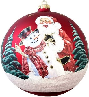 Juleglaskugle i rød med vinterlandskab, julemanden og snemand. Ø 20cm
