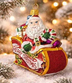 Julefigur. Fantastisk glasfigur af julemanden i slæde til juletræ
