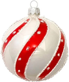 Hvide glas julekugler med røde striber og hvide prikker. Ø 8 cm, 6 stk