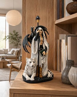 DEKORATION TIL STUEN. Polyresin figur af Troldmand med hvid tiger