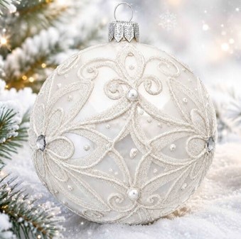 Julepynt butik. Polsk hvid julekugle med hvid dekoration. Ø 10 cm