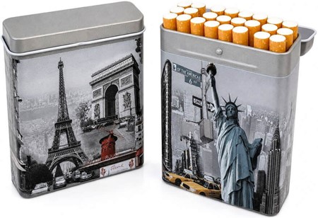 Stilfuldt cigaret etui metal. Sæt med Paris og New York design. 2 stk.