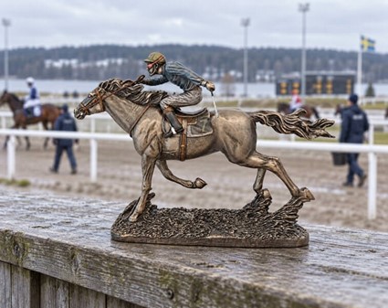 HESTEFIGUR. Imporedende bronzefigur Jockey på hest. Gave til rytter