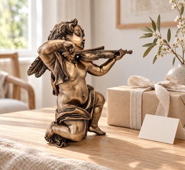 PERFEKT JULEGAVER. Smuk bronze figur af en engle spiller violin
