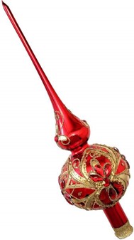 Glas topspir til juletræ i skinnende rød og gylden dekoration. 35 cm
