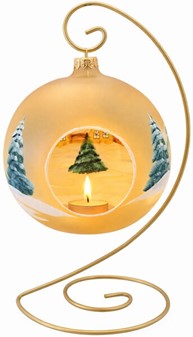 Jule glas lanterne i guld gennemsigtig mat med vinterhytter. Ø 15 cm
