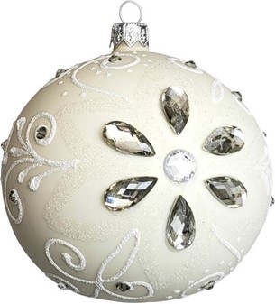 Juletræspynt. Hvid julekugle dekoreret med krystaller og glitter. 10cm