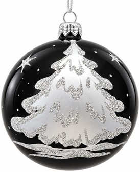 Sort glas julekugler fra Polen med sølve vintermotiver, Ø 10 cm 6 stk