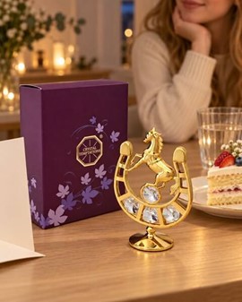 Forgyldt hestesko med Swarovski-krystaller. For heldigvis