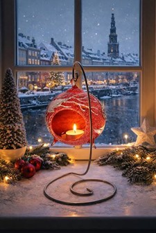 Unik stående-hængende glas julekugle lysestage-lanterne med julemotiv