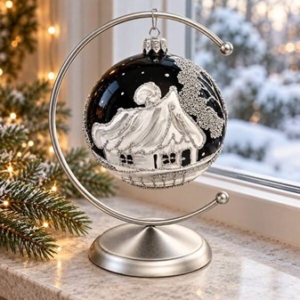 Sort glas julekugler fra Polen med sølve vintermotiver, Ø 10 cm 6 stk