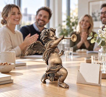 FIGURER PYNT. Smuk, dekorativ bronze figur af engel med trompet