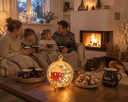 Flot glas juletræspynt i form lysestage-lanterne med et rødt vinterhus