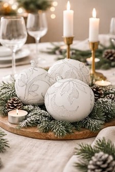 Polske hvide julekugler dekoreret med blade i sølvglitter. 8 cm/6 stk