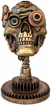 FIGURER STEAMPUNK. Unik bronzefigur af kranium på kædehjul stativ