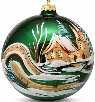 Fantastiske glas julekugle i funklende grøn med vintermotiv. Ø 20 cm
