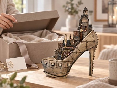 Steampunk sko-skulptur – Fantastisk by møder victoriansk maskineri