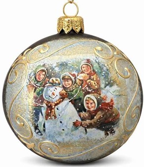 Nostalgiske matgrønne julekugler med børn og snemand. Ø 8 cm, 6 stk