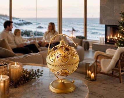 Exclusiv, rigt dekoreret guld julekugle med røde krystaller, Ø 10 cm