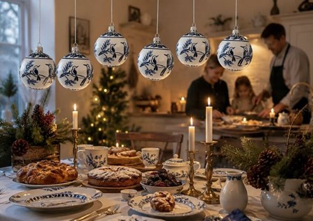 Unikke håndmalede julekugler i porcelæns-look med blå fugle. 8cm, 6stk
