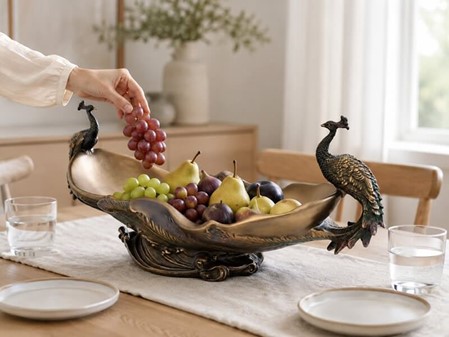 BILLIG JULEGAVE TIL HENDE. Spektakulær frugt og kage skål med påfugle