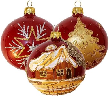 Julekugler i rødt porcelæn farve med gyldne julemotiver, Ø 8 cm 6 stk