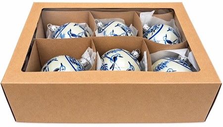 Unikke håndmalede julekugler i porcelæns-look med blå fugle. 8cm, 6stk