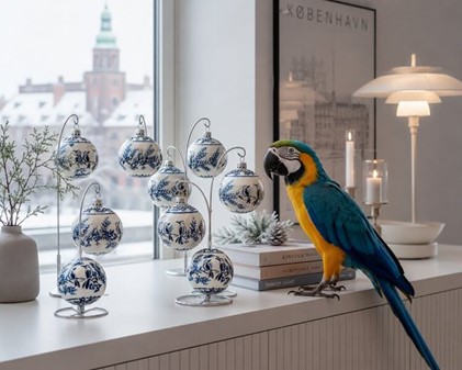 Unikke håndmalede julekugler i porcelæns-look med blå fugle. 8cm, 6stk